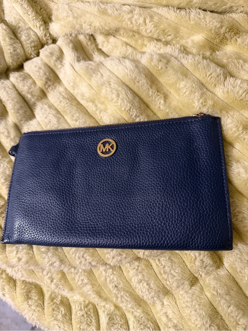 Michael Kors Navy Pebbled Leather Zip Clutch with Gold MK Emblem